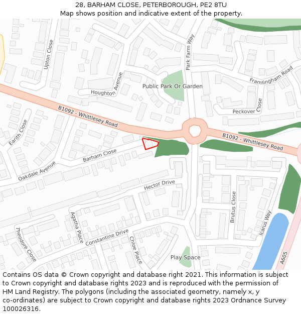 28, BARHAM CLOSE, PETERBOROUGH, PE2 8TU: Location map and indicative extent of plot