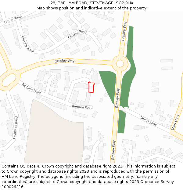 28, BARHAM ROAD, STEVENAGE, SG2 9HX: Location map and indicative extent of plot