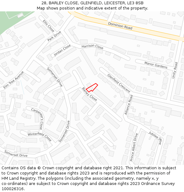 28, BARLEY CLOSE, GLENFIELD, LEICESTER, LE3 8SB: Location map and indicative extent of plot