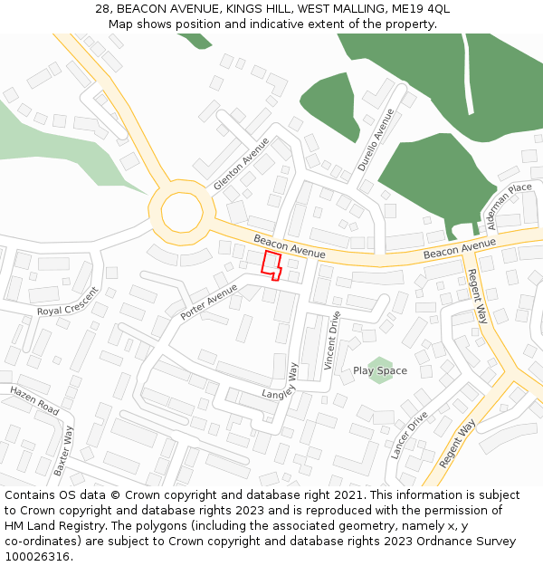 28, BEACON AVENUE, KINGS HILL, WEST MALLING, ME19 4QL: Location map and indicative extent of plot