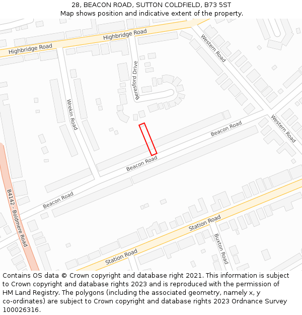 28, BEACON ROAD, SUTTON COLDFIELD, B73 5ST: Location map and indicative extent of plot