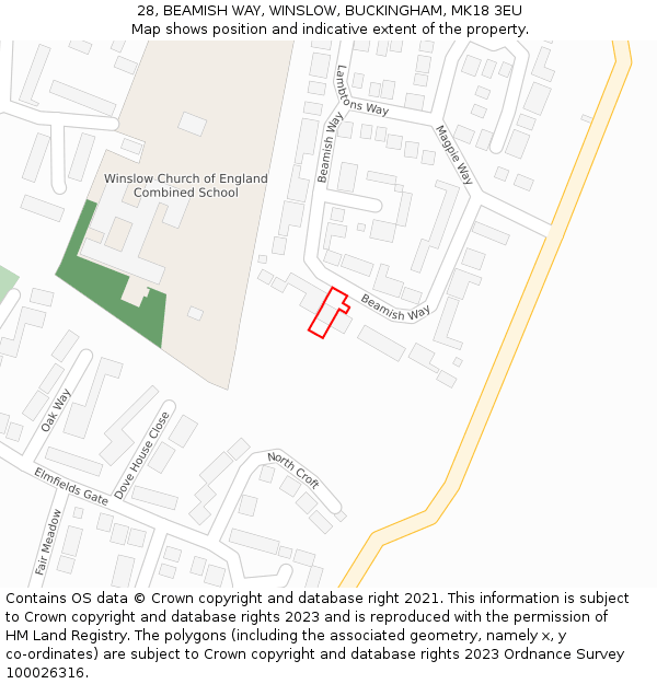 28, BEAMISH WAY, WINSLOW, BUCKINGHAM, MK18 3EU: Location map and indicative extent of plot