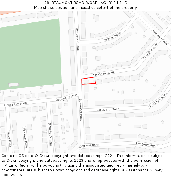28, BEAUMONT ROAD, WORTHING, BN14 8HD: Location map and indicative extent of plot