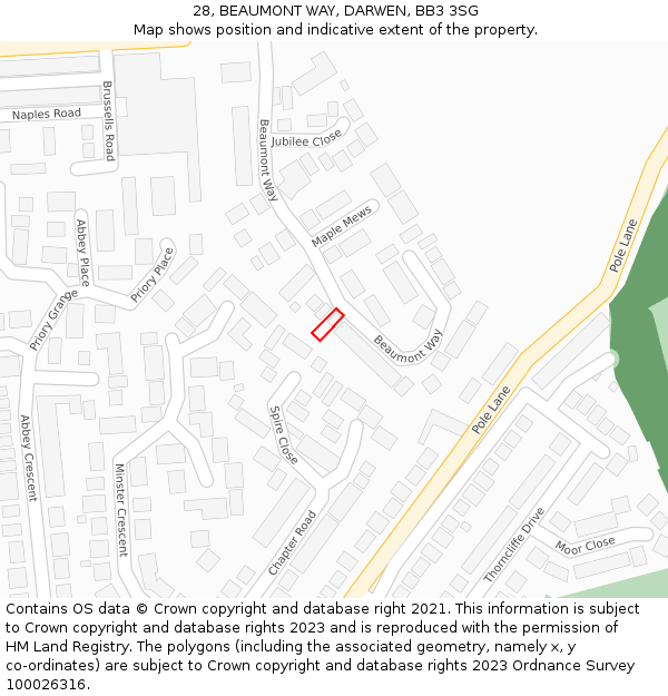 28, BEAUMONT WAY, DARWEN, BB3 3SG: Location map and indicative extent of plot