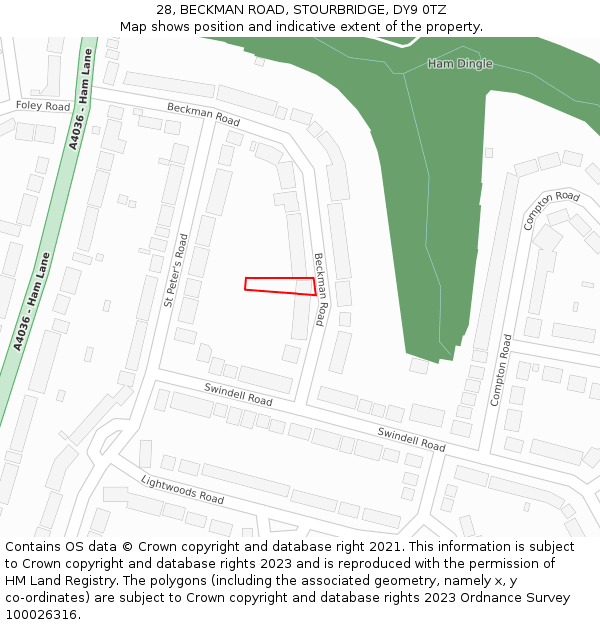 28, BECKMAN ROAD, STOURBRIDGE, DY9 0TZ: Location map and indicative extent of plot