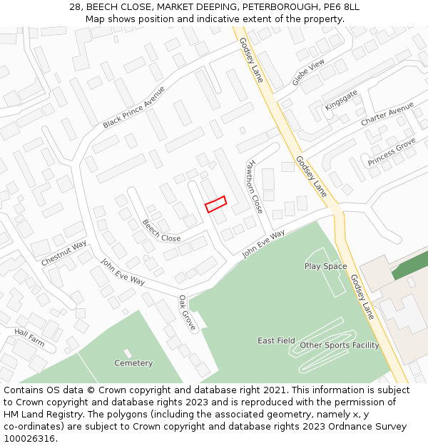 28, BEECH CLOSE, MARKET DEEPING, PETERBOROUGH, PE6 8LL: Location map and indicative extent of plot