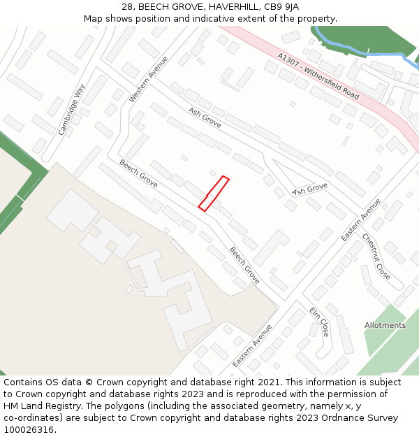 28, BEECH GROVE, HAVERHILL, CB9 9JA: Location map and indicative extent of plot