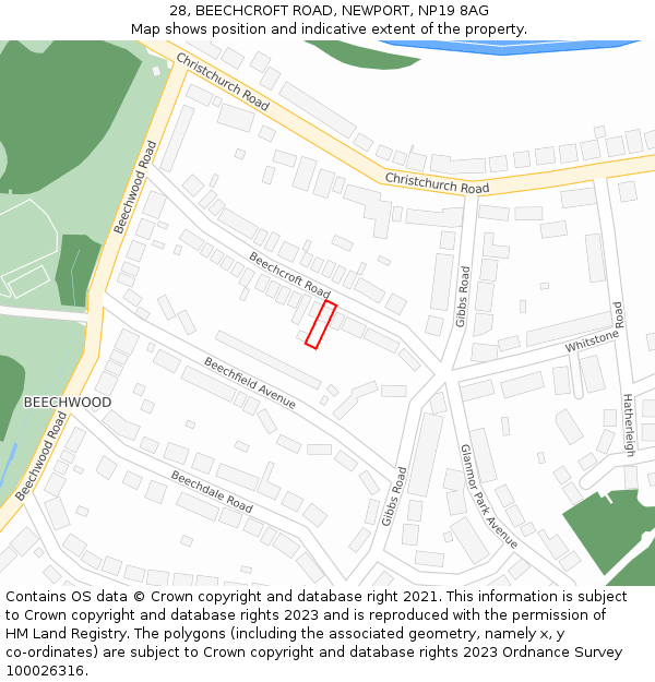 28, BEECHCROFT ROAD, NEWPORT, NP19 8AG: Location map and indicative extent of plot