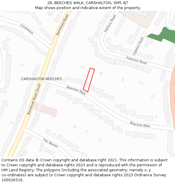 28, BEECHES WALK, CARSHALTON, SM5 4JT: Location map and indicative extent of plot
