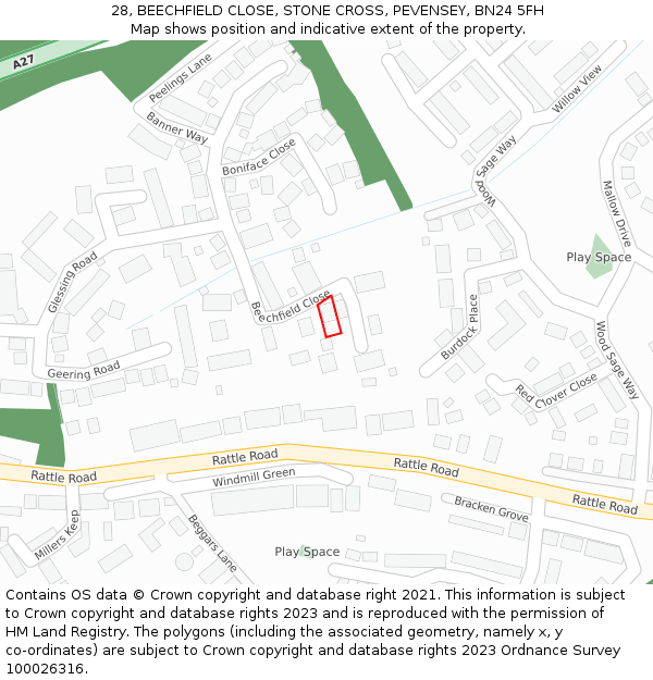 28, BEECHFIELD CLOSE, STONE CROSS, PEVENSEY, BN24 5FH: Location map and indicative extent of plot