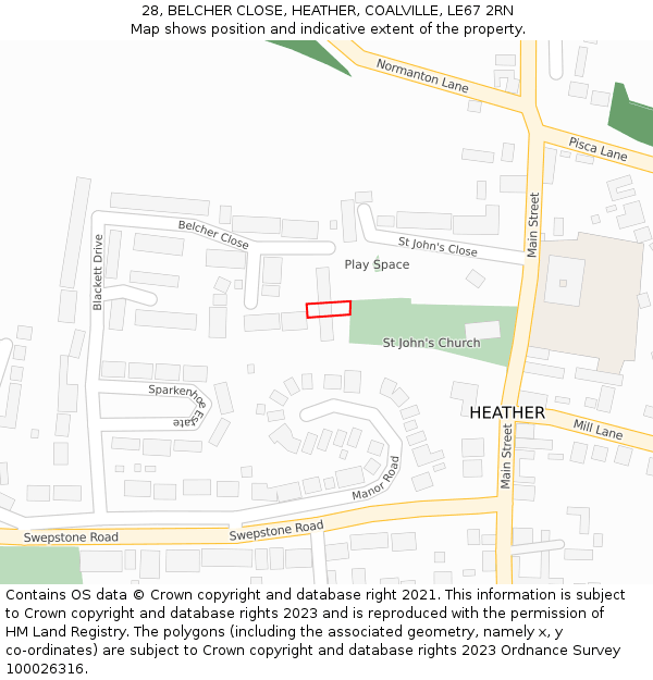 28, BELCHER CLOSE, HEATHER, COALVILLE, LE67 2RN: Location map and indicative extent of plot