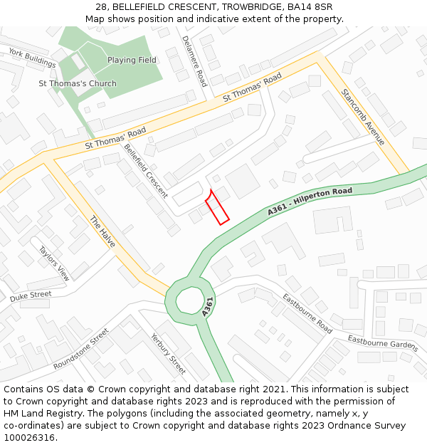 28, BELLEFIELD CRESCENT, TROWBRIDGE, BA14 8SR: Location map and indicative extent of plot