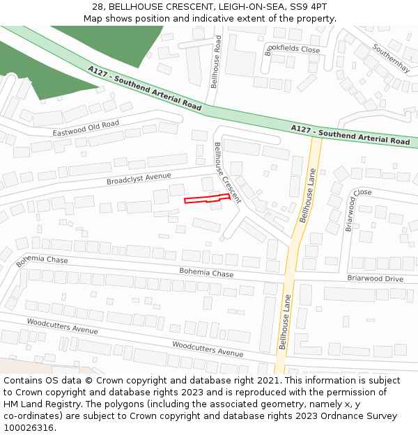 28, BELLHOUSE CRESCENT, LEIGH-ON-SEA, SS9 4PT: Location map and indicative extent of plot