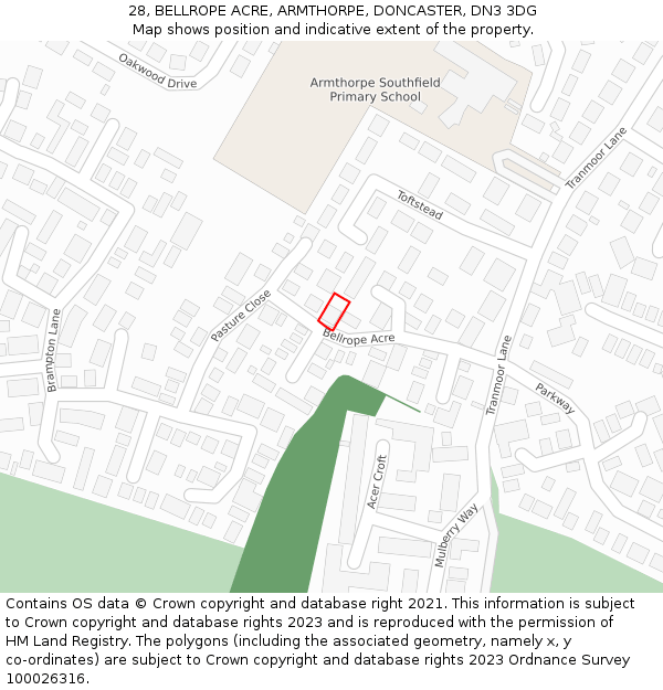 28, BELLROPE ACRE, ARMTHORPE, DONCASTER, DN3 3DG: Location map and indicative extent of plot