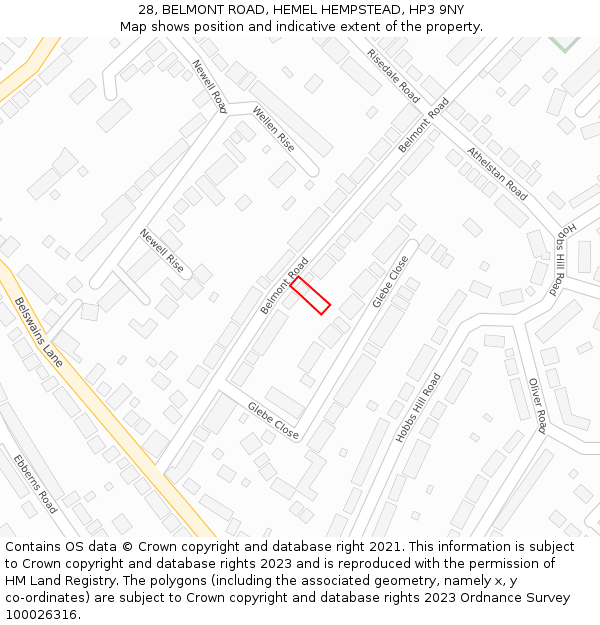 28, BELMONT ROAD, HEMEL HEMPSTEAD, HP3 9NY: Location map and indicative extent of plot