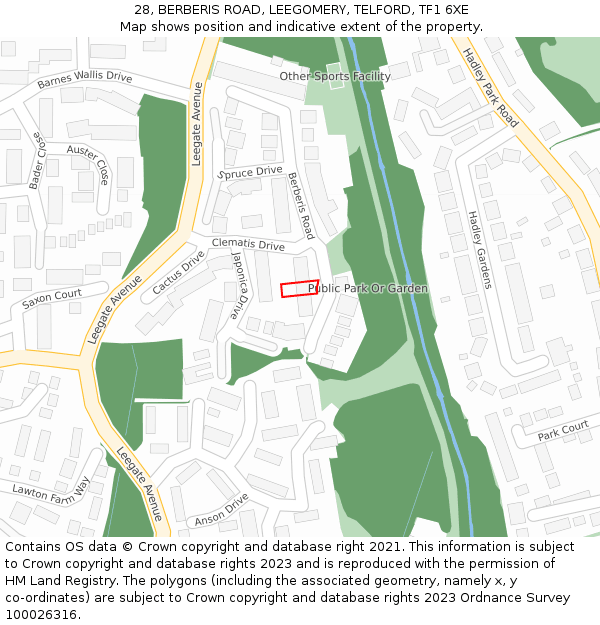 28, BERBERIS ROAD, LEEGOMERY, TELFORD, TF1 6XE: Location map and indicative extent of plot