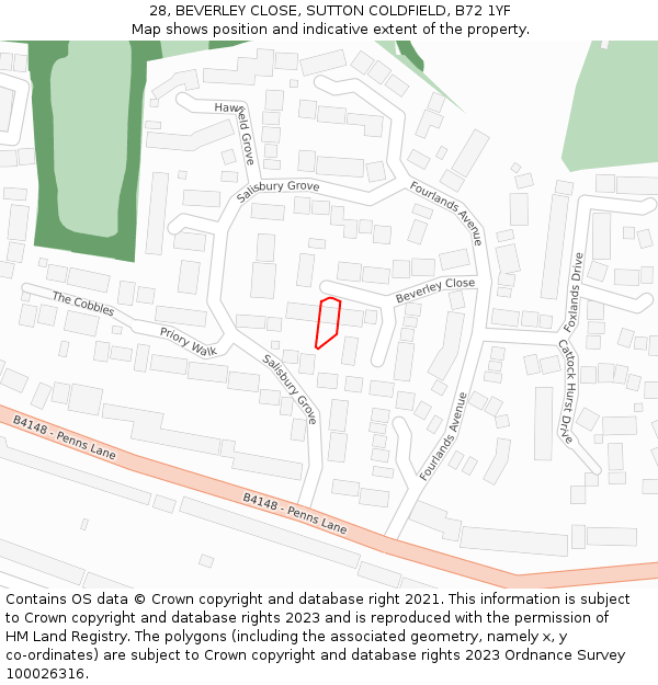 28, BEVERLEY CLOSE, SUTTON COLDFIELD, B72 1YF: Location map and indicative extent of plot