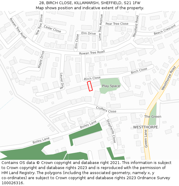 28, BIRCH CLOSE, KILLAMARSH, SHEFFIELD, S21 1FW: Location map and indicative extent of plot