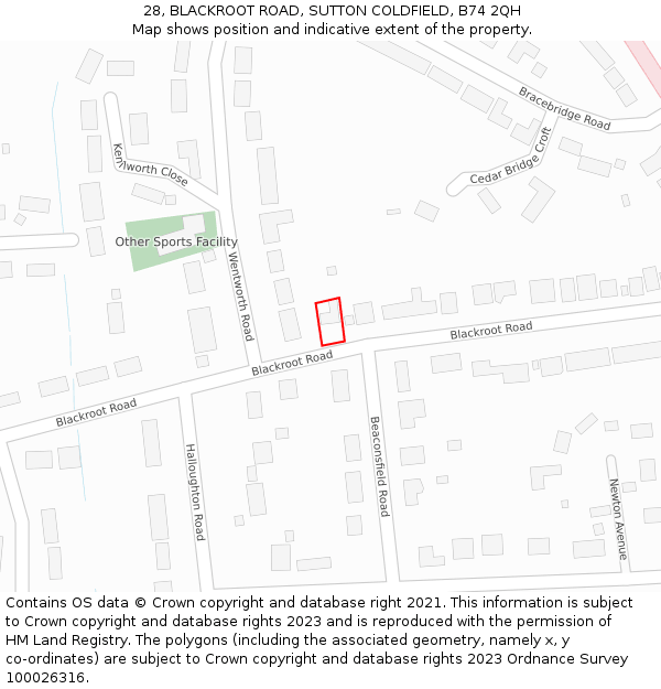28, BLACKROOT ROAD, SUTTON COLDFIELD, B74 2QH: Location map and indicative extent of plot