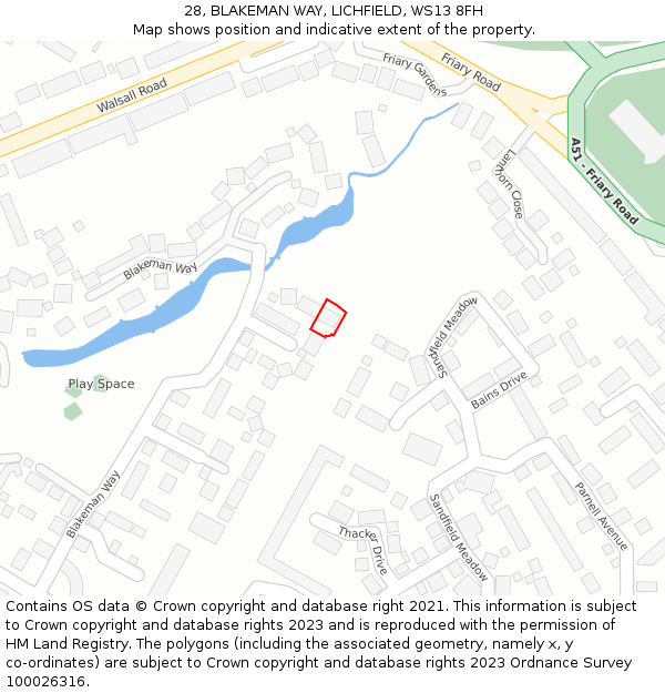 28, BLAKEMAN WAY, LICHFIELD, WS13 8FH: Location map and indicative extent of plot