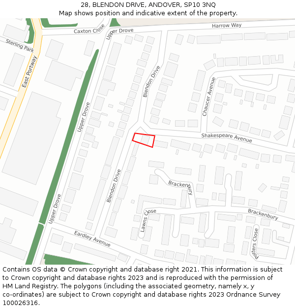 28, BLENDON DRIVE, ANDOVER, SP10 3NQ: Location map and indicative extent of plot