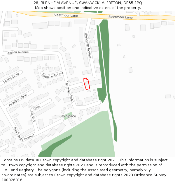 28, BLENHEIM AVENUE, SWANWICK, ALFRETON, DE55 1PQ: Location map and indicative extent of plot