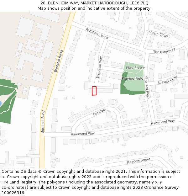 28, BLENHEIM WAY, MARKET HARBOROUGH, LE16 7LQ: Location map and indicative extent of plot
