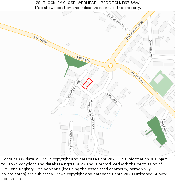 28, BLOCKLEY CLOSE, WEBHEATH, REDDITCH, B97 5WW: Location map and indicative extent of plot