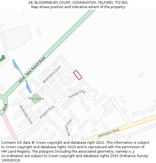 28, BLOOMSBURY COURT, DONNINGTON, TELFORD, TF2 8DL: Location map and indicative extent of plot