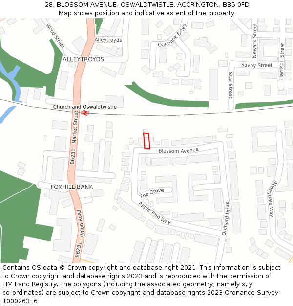 28, BLOSSOM AVENUE, OSWALDTWISTLE, ACCRINGTON, BB5 0FD: Location map and indicative extent of plot