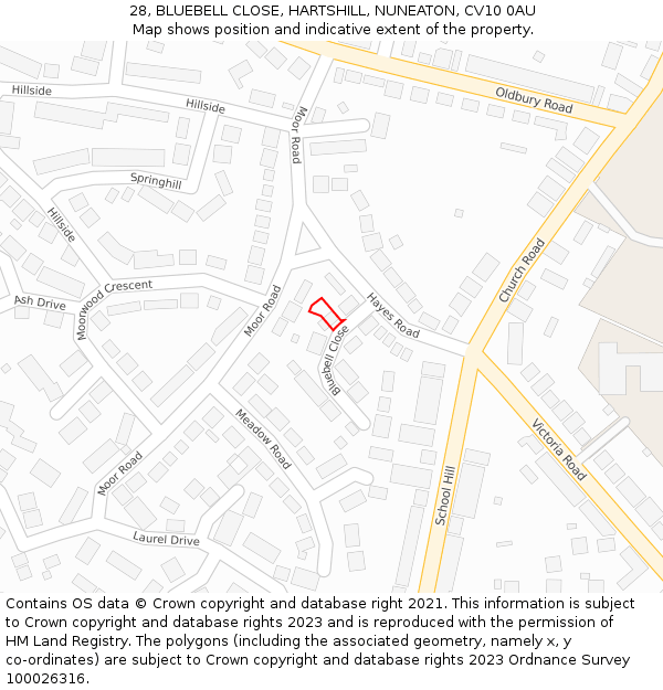 28, BLUEBELL CLOSE, HARTSHILL, NUNEATON, CV10 0AU: Location map and indicative extent of plot