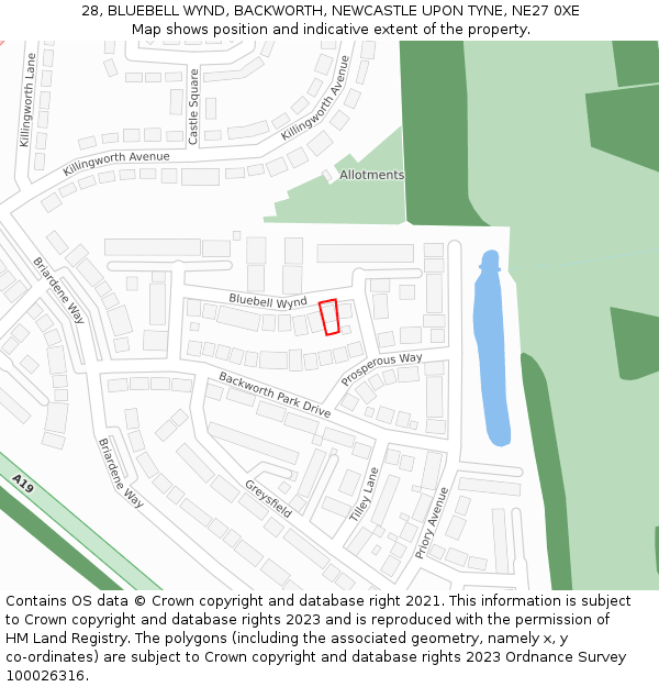 28, BLUEBELL WYND, BACKWORTH, NEWCASTLE UPON TYNE, NE27 0XE: Location map and indicative extent of plot