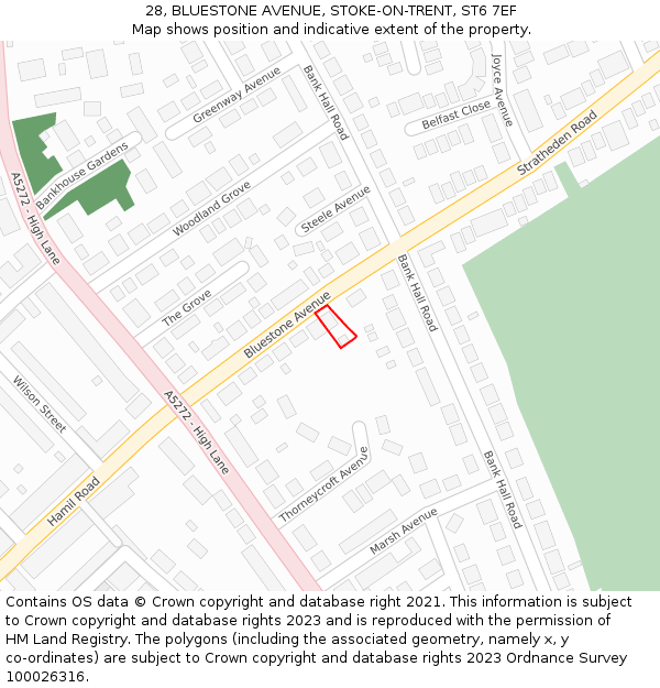 28, BLUESTONE AVENUE, STOKE-ON-TRENT, ST6 7EF: Location map and indicative extent of plot