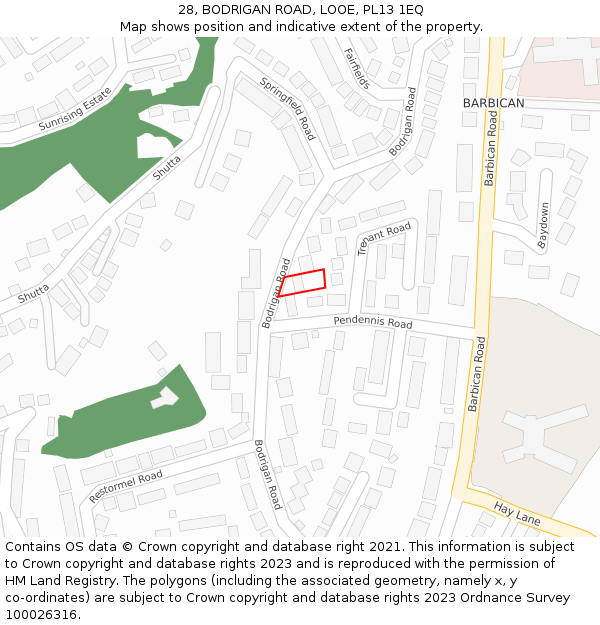 28, BODRIGAN ROAD, LOOE, PL13 1EQ: Location map and indicative extent of plot