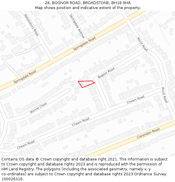 28, BOGNOR ROAD, BROADSTONE, BH18 9HA: Location map and indicative extent of plot