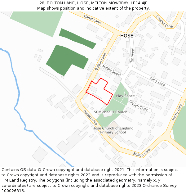 28, BOLTON LANE, HOSE, MELTON MOWBRAY, LE14 4JE: Location map and indicative extent of plot