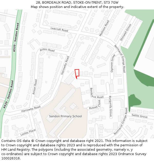 28, BORDEAUX ROAD, STOKE-ON-TRENT, ST3 7GW: Location map and indicative extent of plot