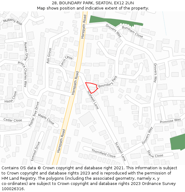 28, BOUNDARY PARK, SEATON, EX12 2UN: Location map and indicative extent of plot