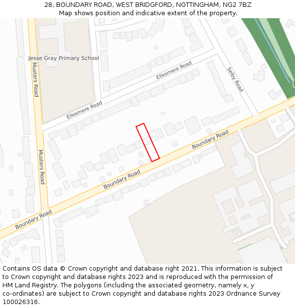 28, BOUNDARY ROAD, WEST BRIDGFORD, NOTTINGHAM, NG2 7BZ: Location map and indicative extent of plot