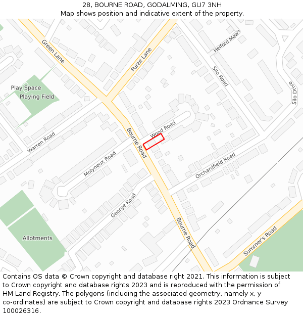 28, BOURNE ROAD, GODALMING, GU7 3NH: Location map and indicative extent of plot