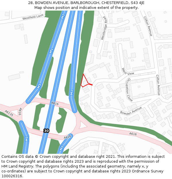 28, BOWDEN AVENUE, BARLBOROUGH, CHESTERFIELD, S43 4JE: Location map and indicative extent of plot