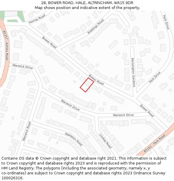 28, BOWER ROAD, HALE, ALTRINCHAM, WA15 9DR: Location map and indicative extent of plot