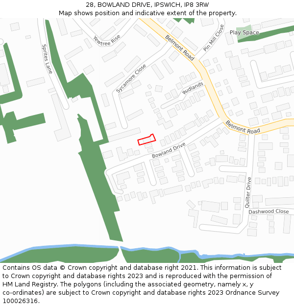 28, BOWLAND DRIVE, IPSWICH, IP8 3RW: Location map and indicative extent of plot