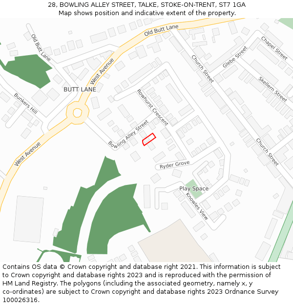 28, BOWLING ALLEY STREET, TALKE, STOKE-ON-TRENT, ST7 1GA: Location map and indicative extent of plot