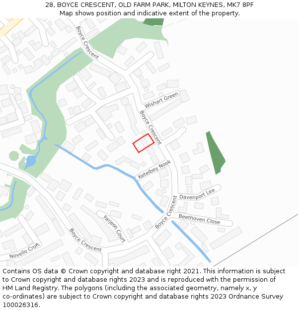 28, BOYCE CRESCENT, OLD FARM PARK, MILTON KEYNES, MK7 8PF: Location map and indicative extent of plot