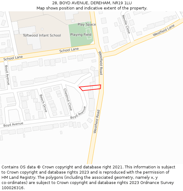 28, BOYD AVENUE, DEREHAM, NR19 1LU: Location map and indicative extent of plot