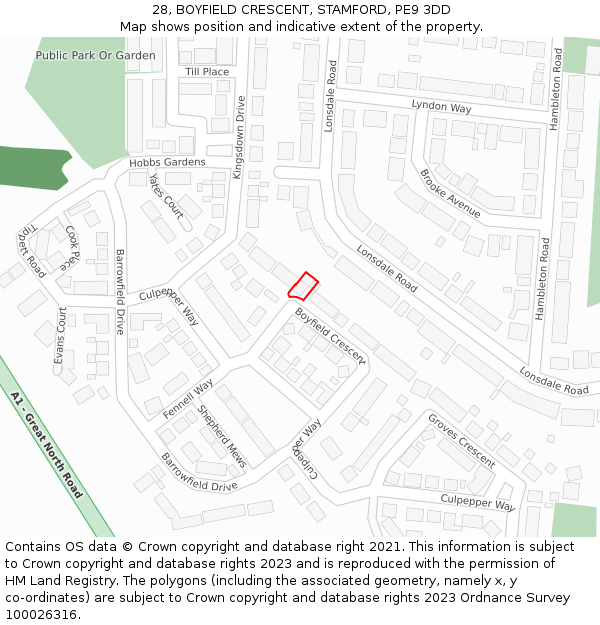 28, BOYFIELD CRESCENT, STAMFORD, PE9 3DD: Location map and indicative extent of plot