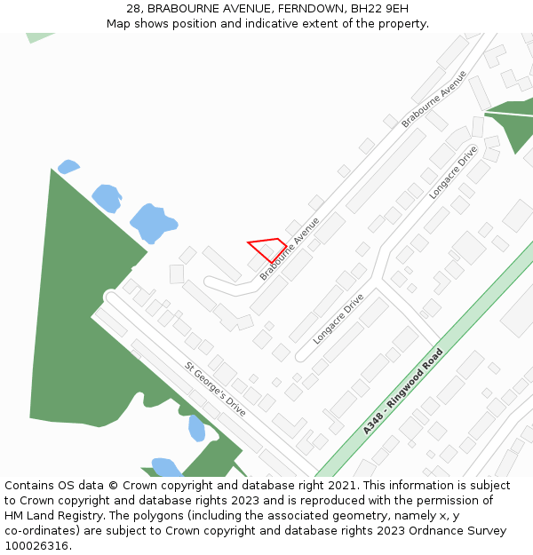 28, BRABOURNE AVENUE, FERNDOWN, BH22 9EH: Location map and indicative extent of plot