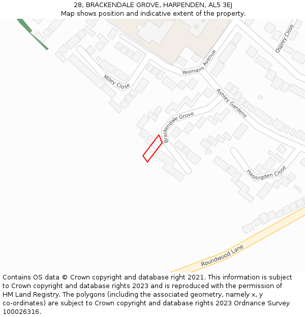 28, BRACKENDALE GROVE, HARPENDEN, AL5 3EJ: Location map and indicative extent of plot