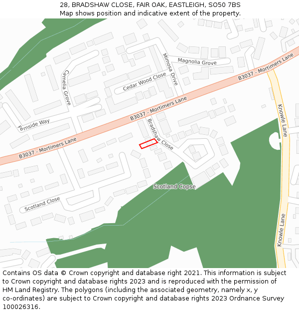 28, BRADSHAW CLOSE, FAIR OAK, EASTLEIGH, SO50 7BS: Location map and indicative extent of plot